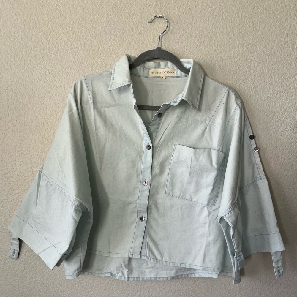Shannon Passero Blue Boxy Button Down Shirt With Roll Up Sleeves Women's Size L